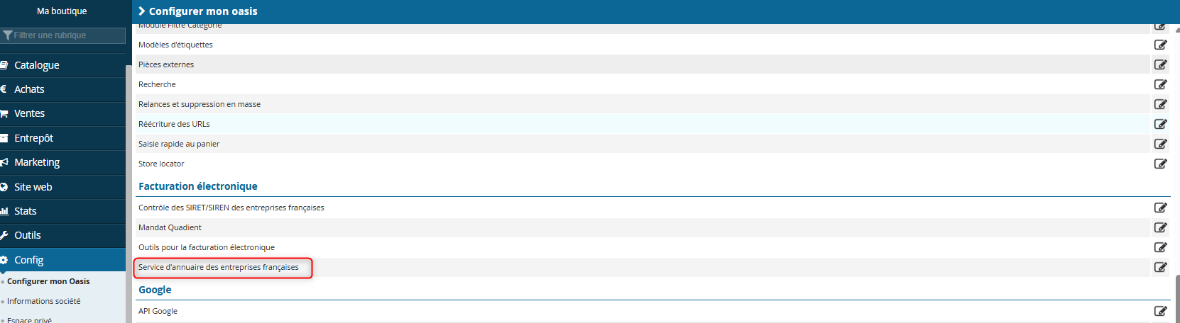 Menu Configurer mon Oasis : rubrique Facturation électronique et ligne Service d’annuaire des entreprises françaises encadrée en rouge.
