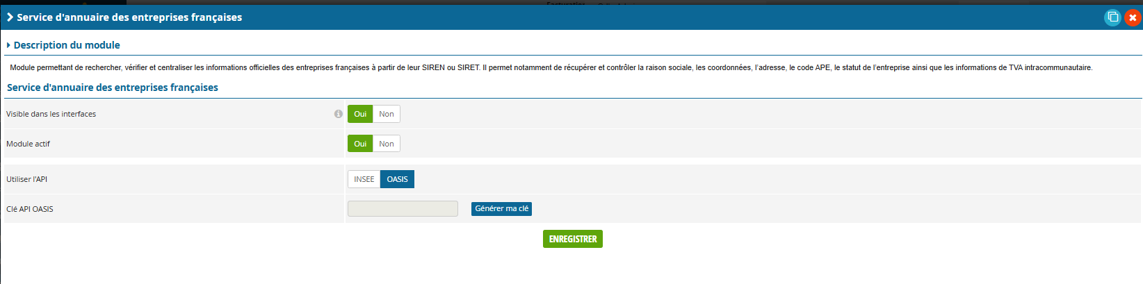Service d’annuaire : Visible dans les interfaces et Module actif sur Oui, API OASIS sélectionnée, champ Clé API OASIS et bouton Générer ma clé.