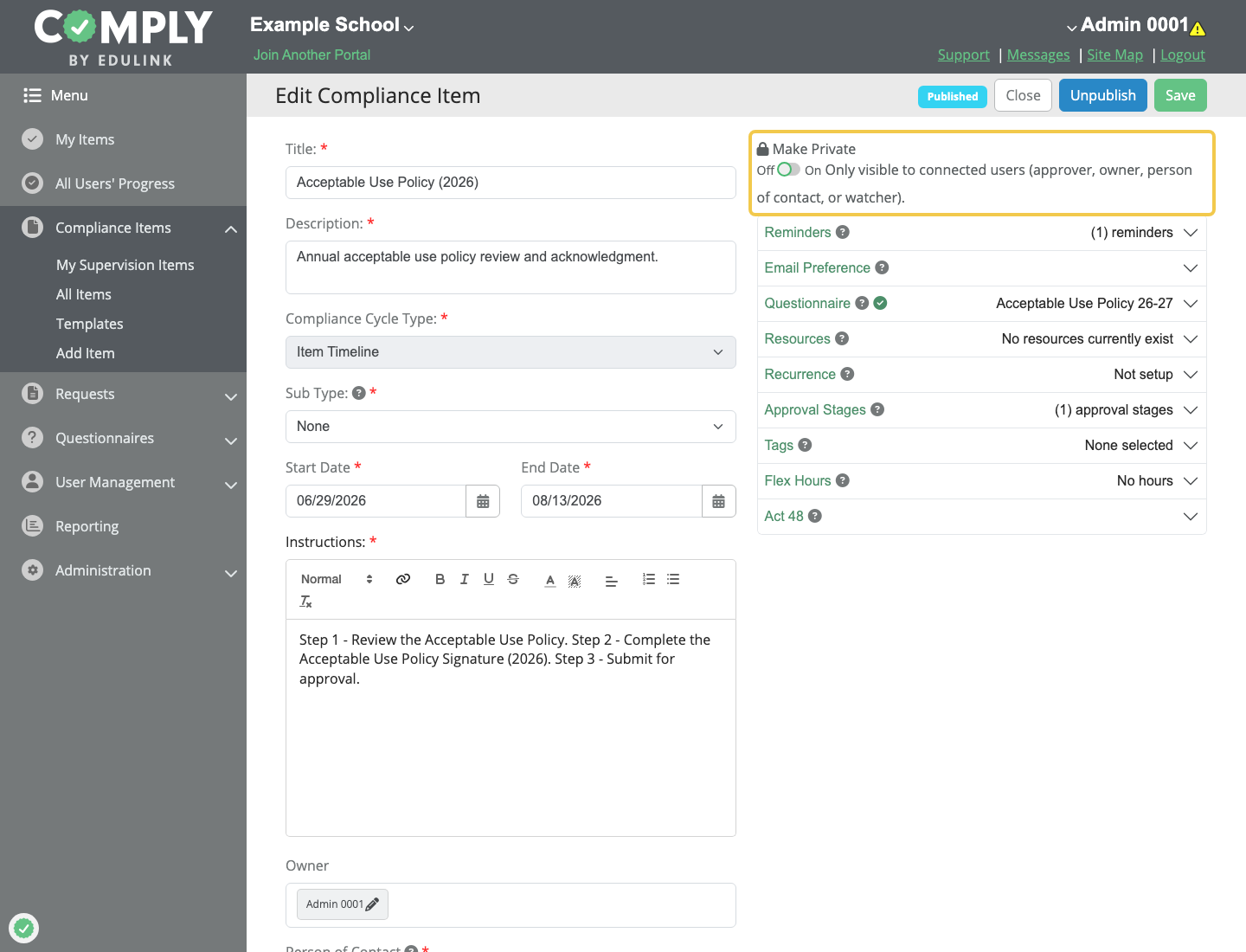 Private setting while creating or editing a compliance item