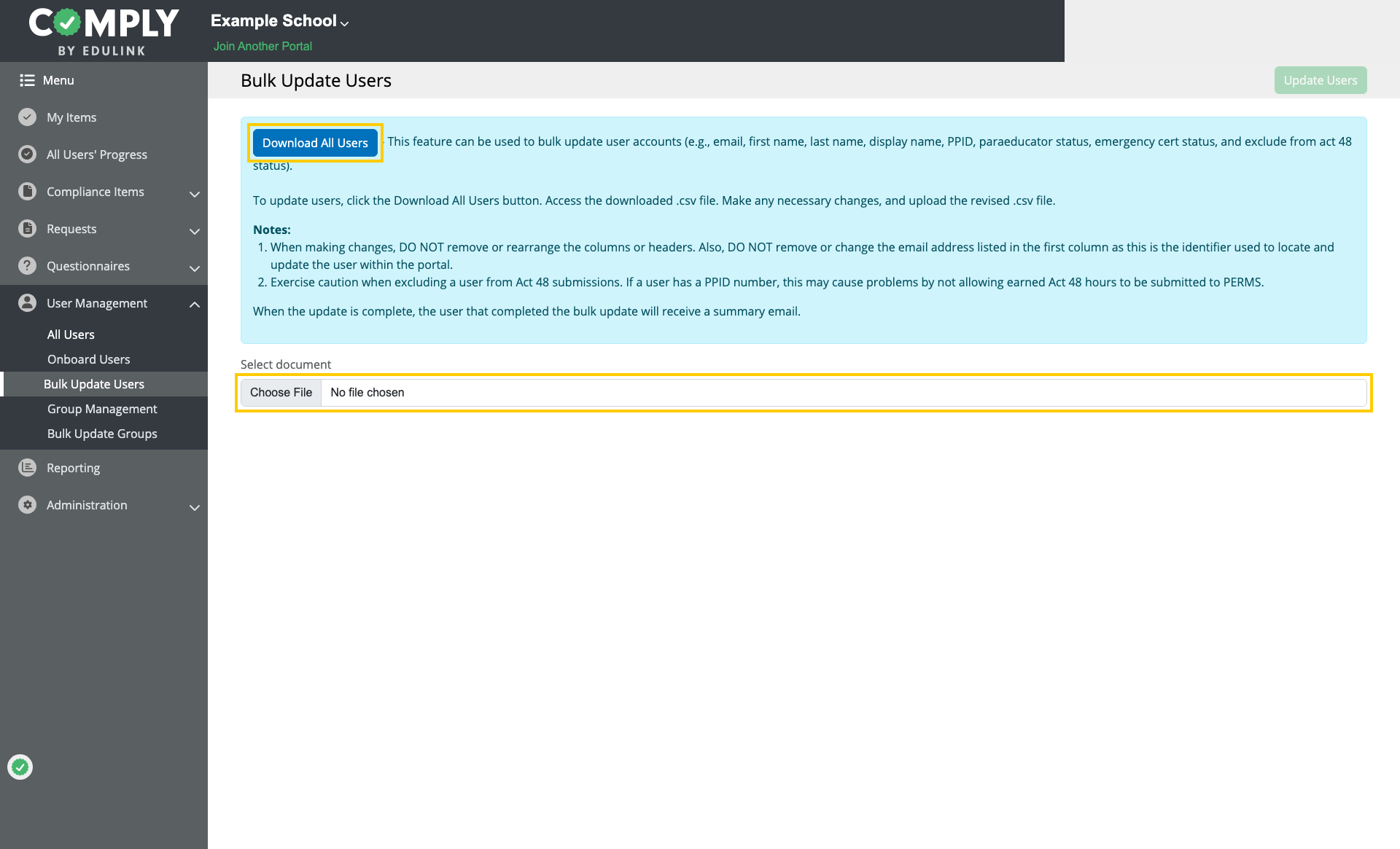 Bulk Update Users screen with download and upload controls highlighted