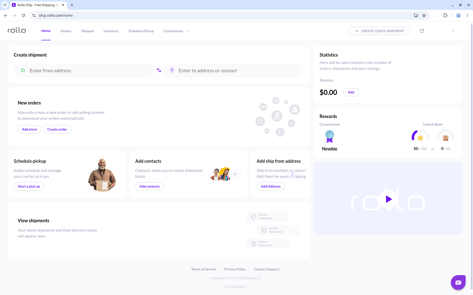 Rollo Ship Home page with the top navigation (Home, Orders, Shipped, Inventory, Schedule Pickup, Connections), Create shipment From and To fields, wallet balance, and the Create Quick Shipment button.