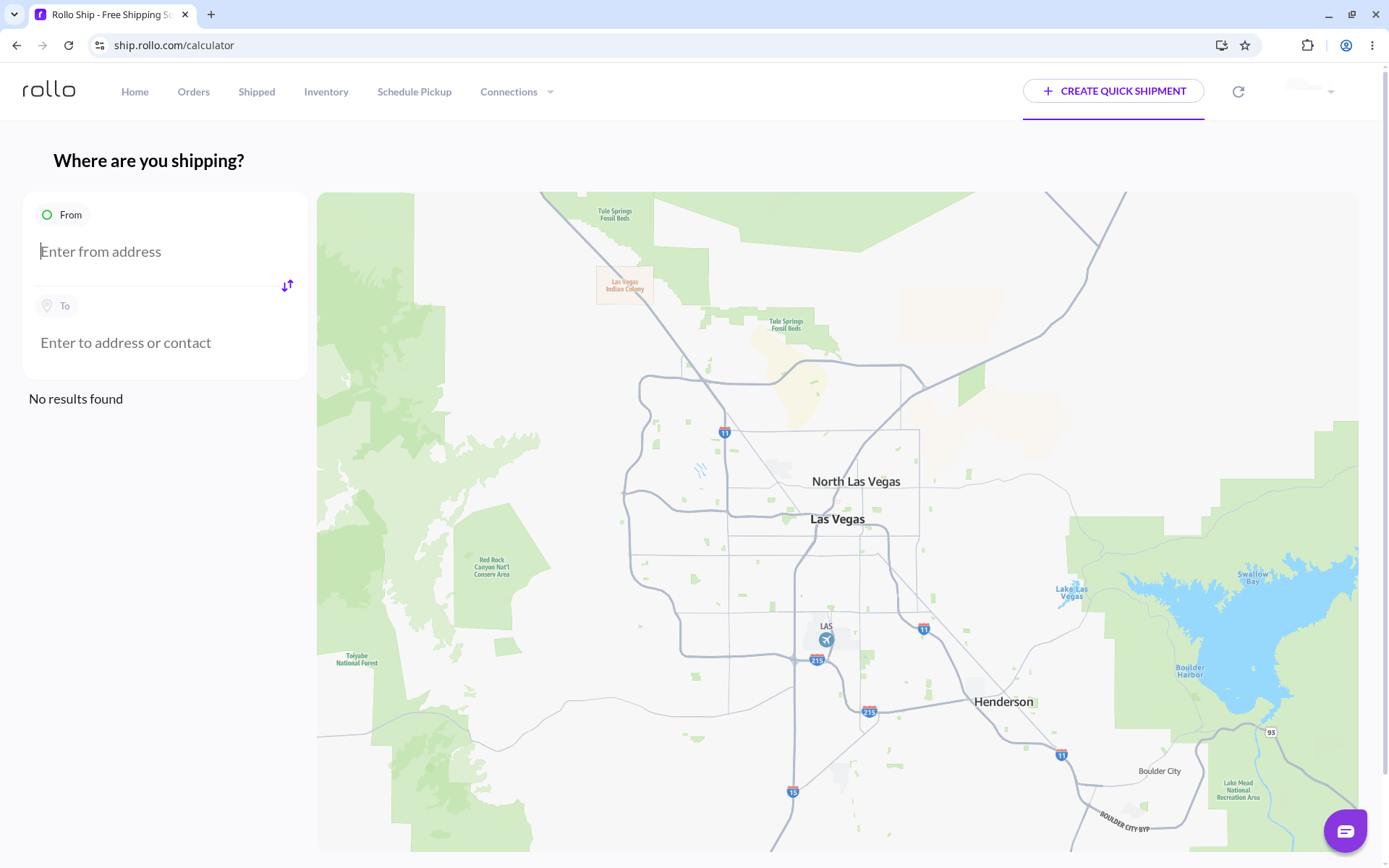 Rollo Ship Where are you shipping? screen with the From address field and a map.