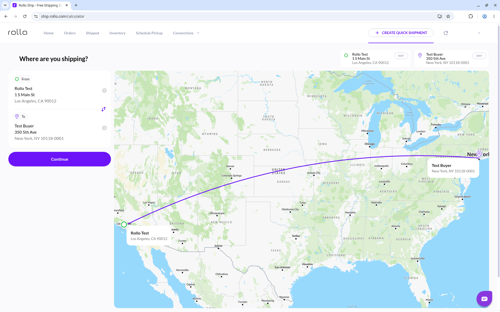 Rollo Ship map showing the confirmed route from the From address to the To address, with a Continue button.