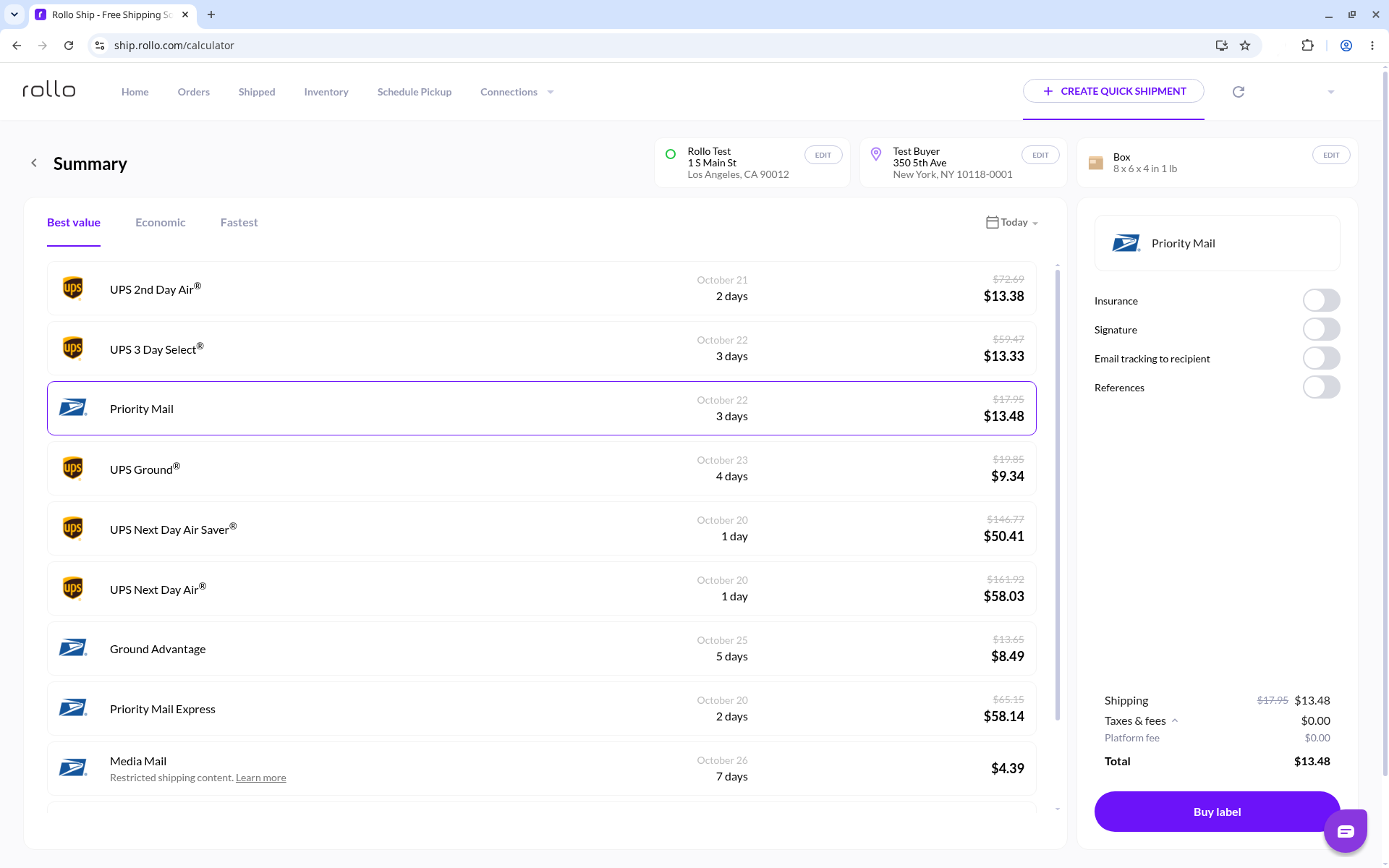 Rollo Ship Summary screen listing carrier services with Best value, Economic and Fastest tabs, totals for Shipping, Taxes and fees, Platform fee and Total, and the Buy label button.