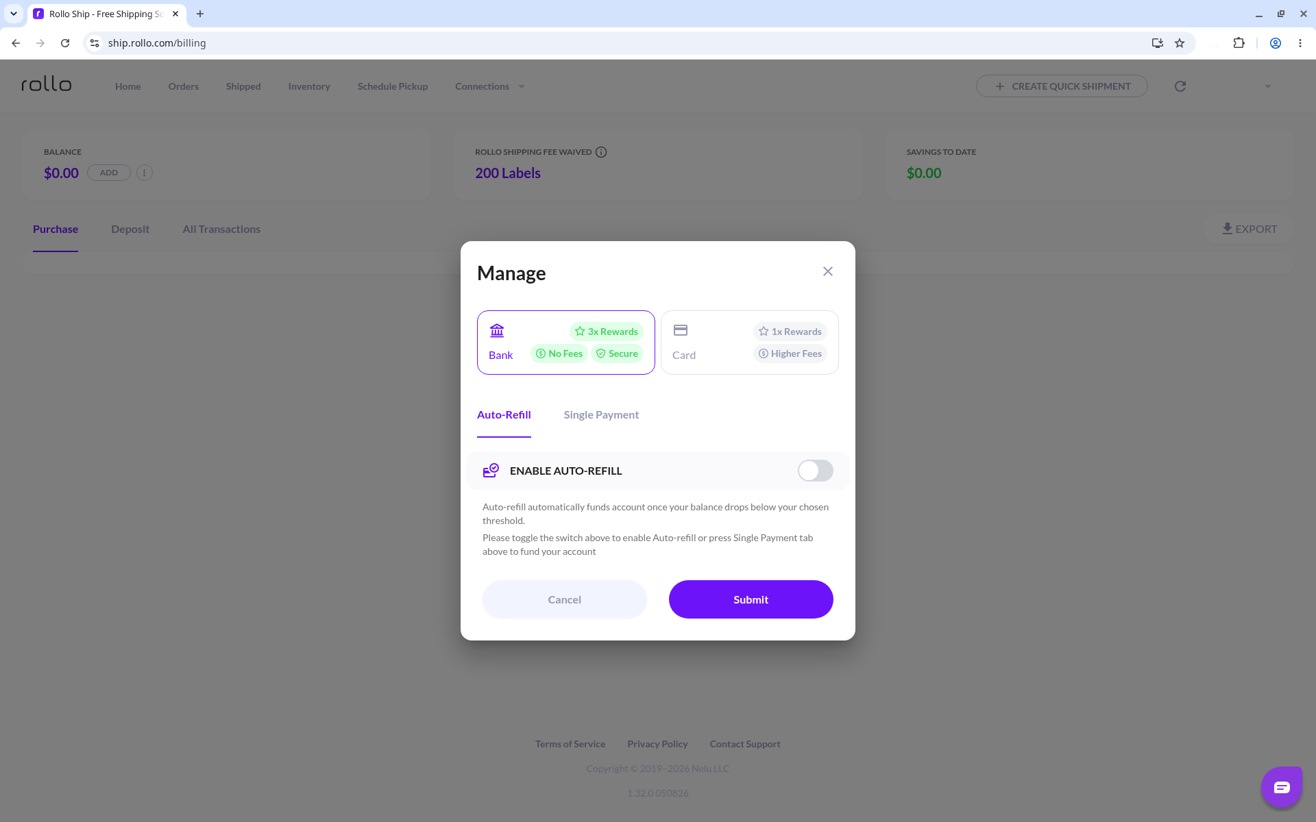 Rollo Ship Manage dialog for adding funds, with Bank and Card payment options and Auto-Refill or Single Payment tabs.