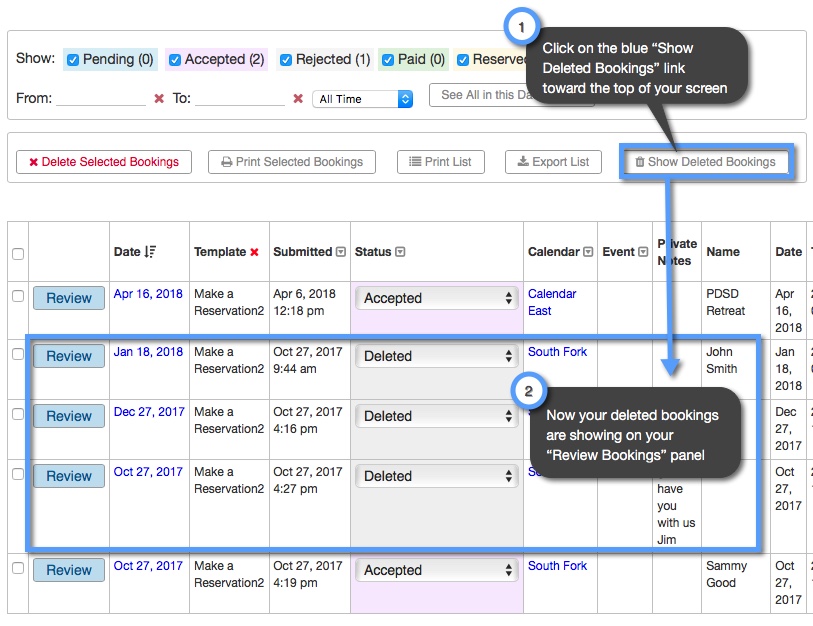 How can I see my deleted bookings in the "Review Bookings" panel