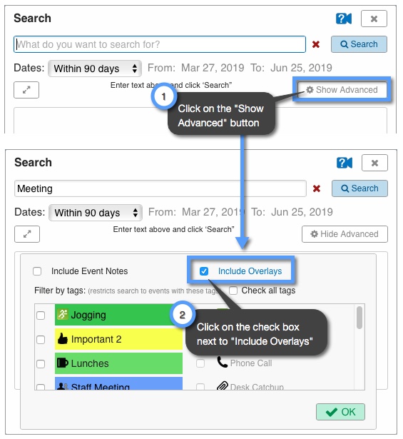 What are the advanced ways that I can search my calendar? Keep&Share