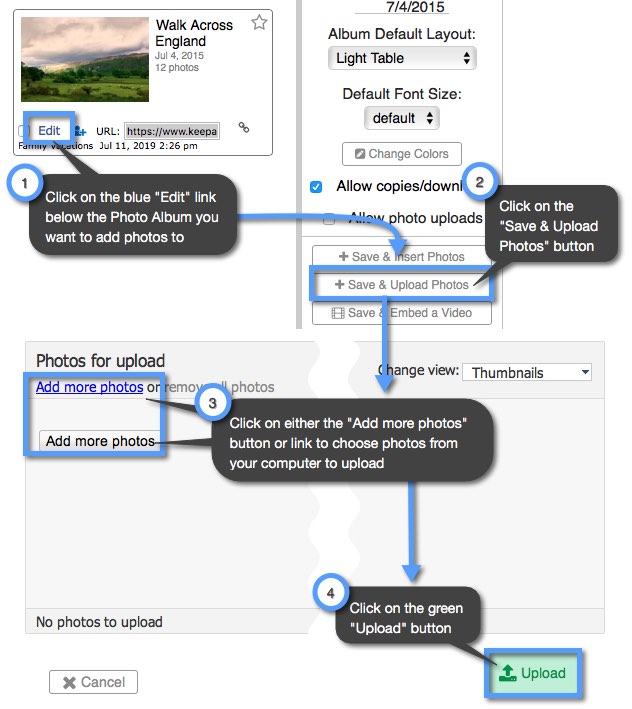 How do I upload photos directly into a Photo Album? Keep&Share