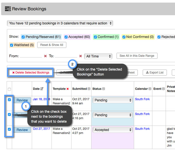 How can I see my deleted bookings in the "Review Bookings" panel