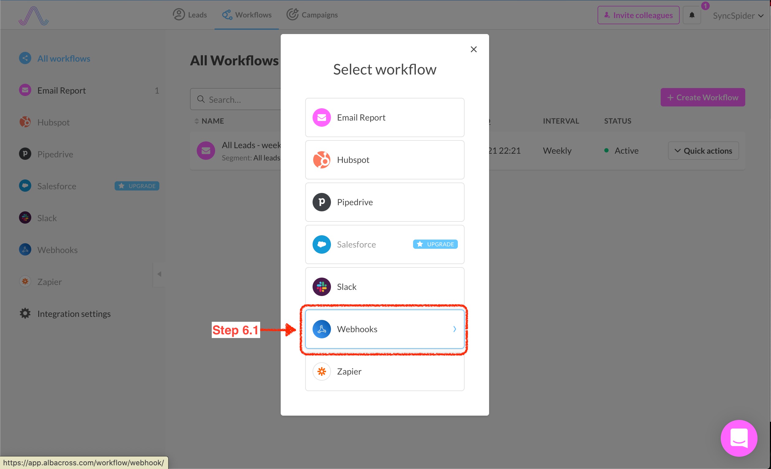 Selecting the Webhooks panel inside Albacross