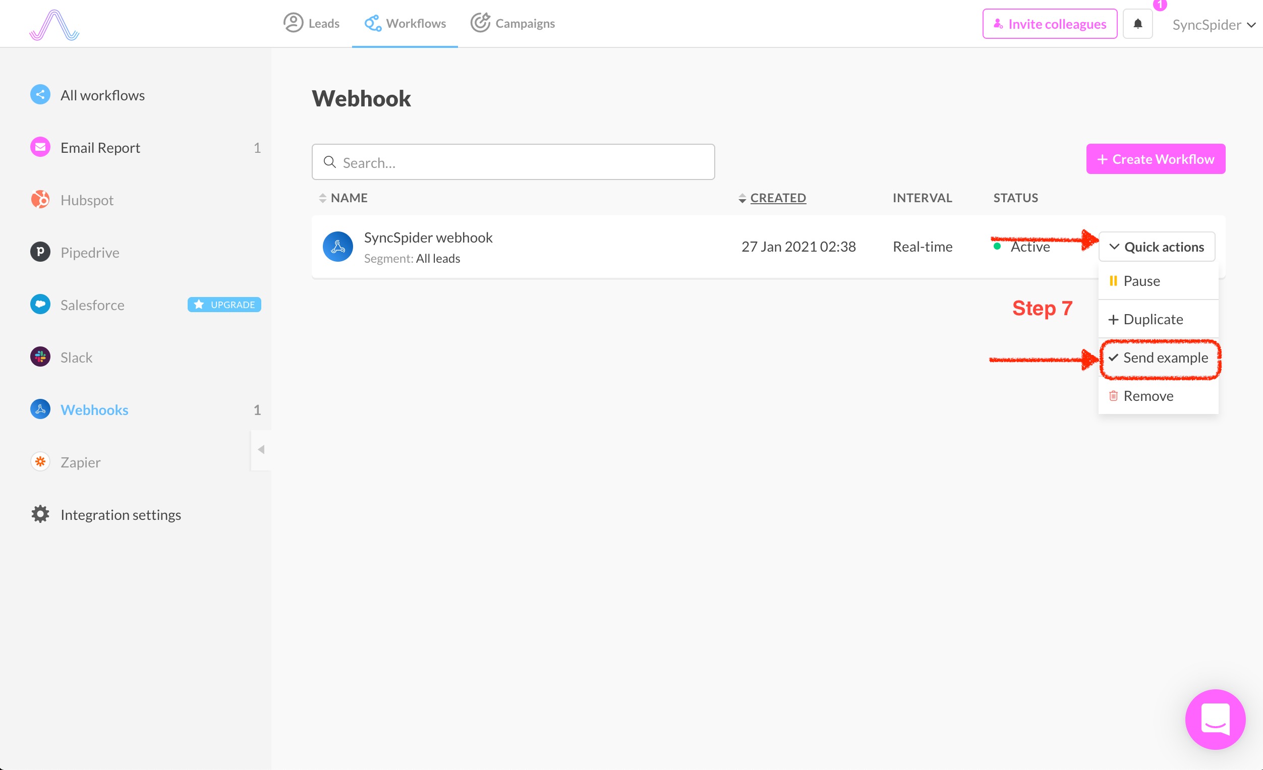 Sending an example Webhook response