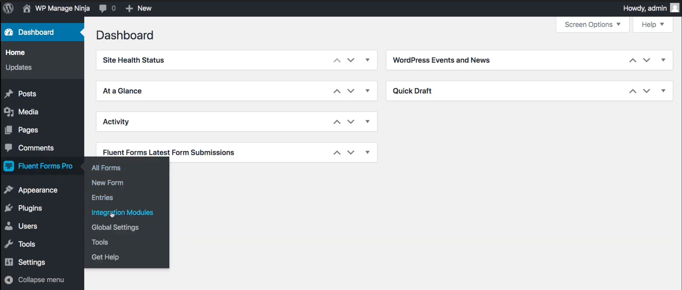 Selecting the Integration Modules section