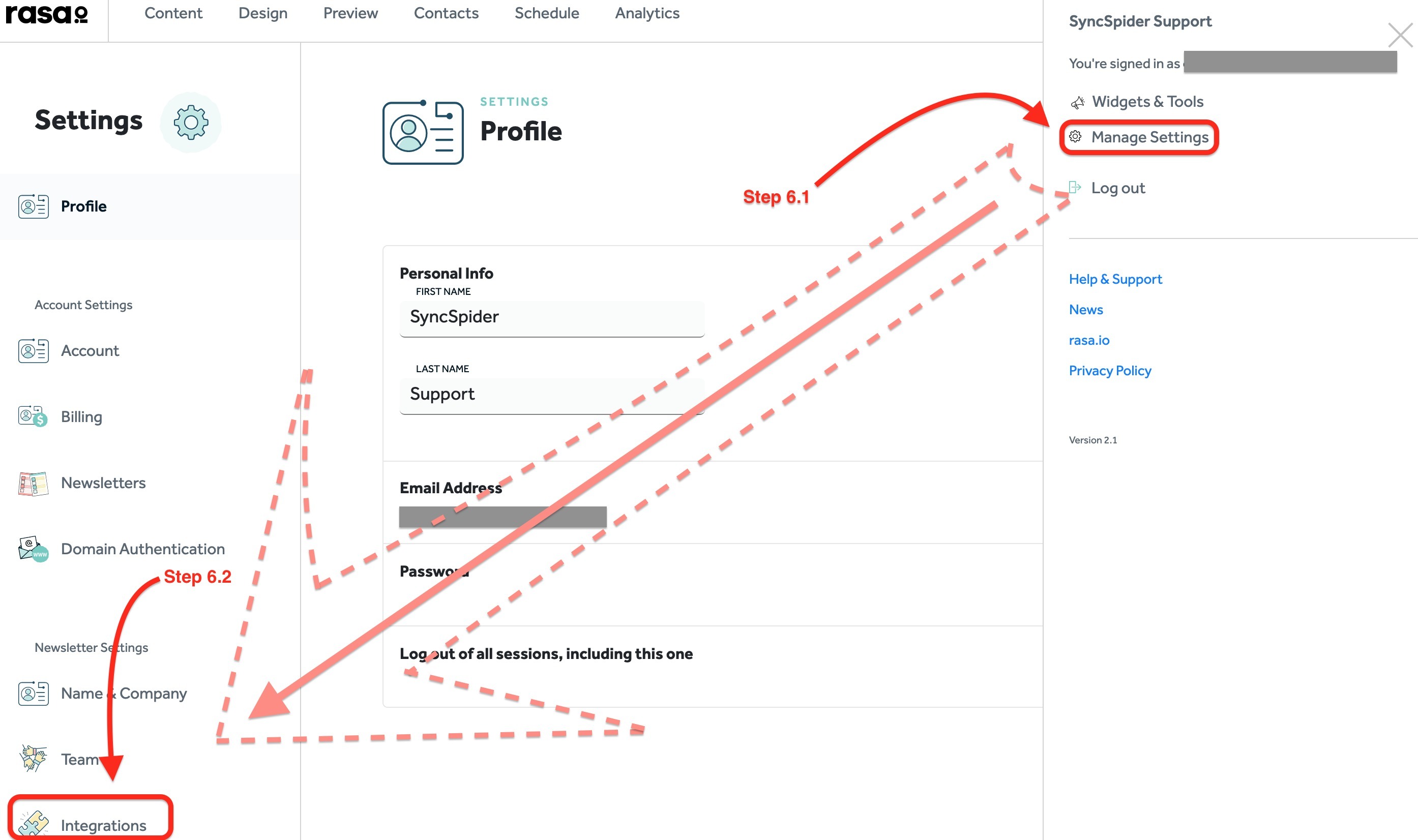 Selecting the Integrations settings panel