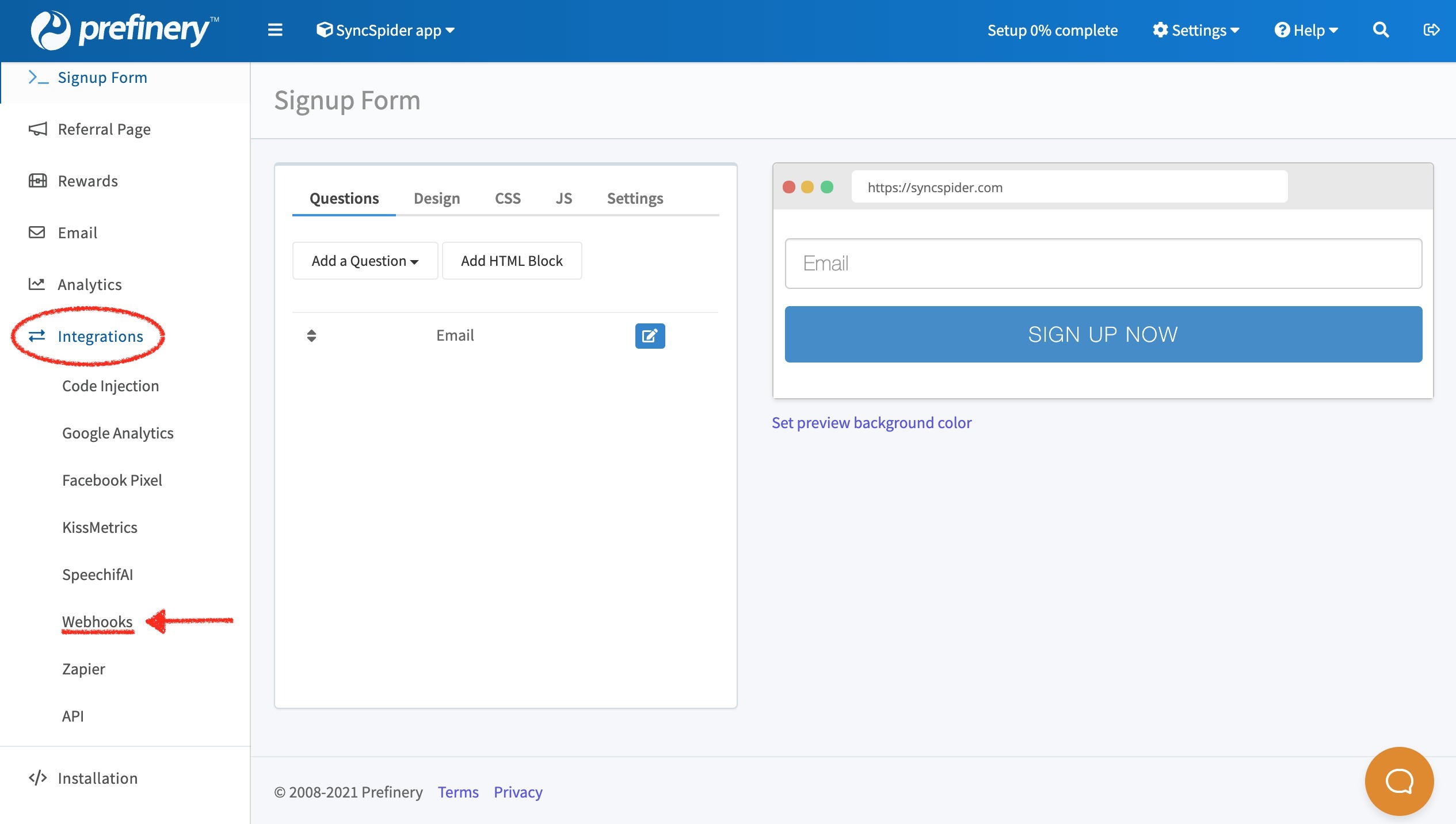 Navigating to the Integrations > Webhook panel inside Prefinery