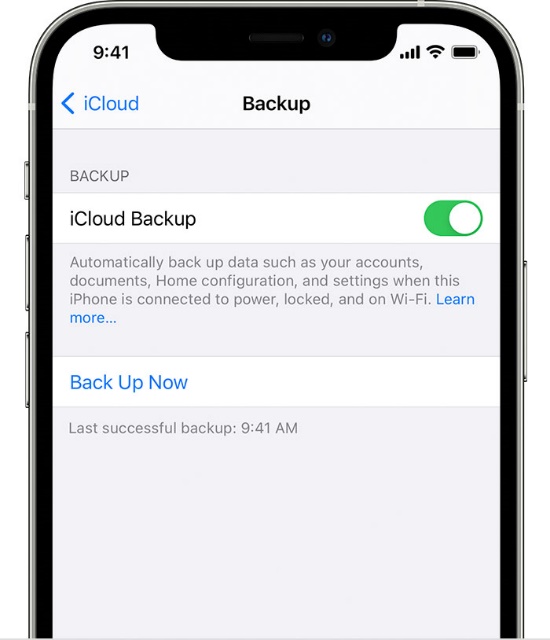 An iPhone showing the screen at Settings > [your name] > iCloud > iCloud Backup. The iCloud Backup toggle is turned on.