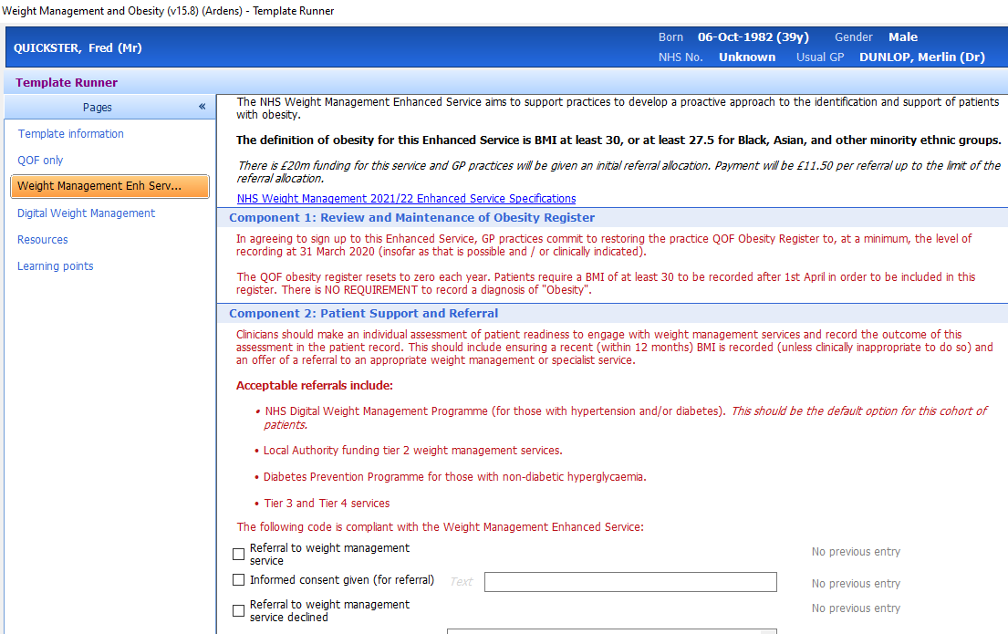 Weight Management Enhanced Service Ardens EMIS 