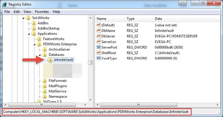 Registry Editor SOLIDWORKS PDM
