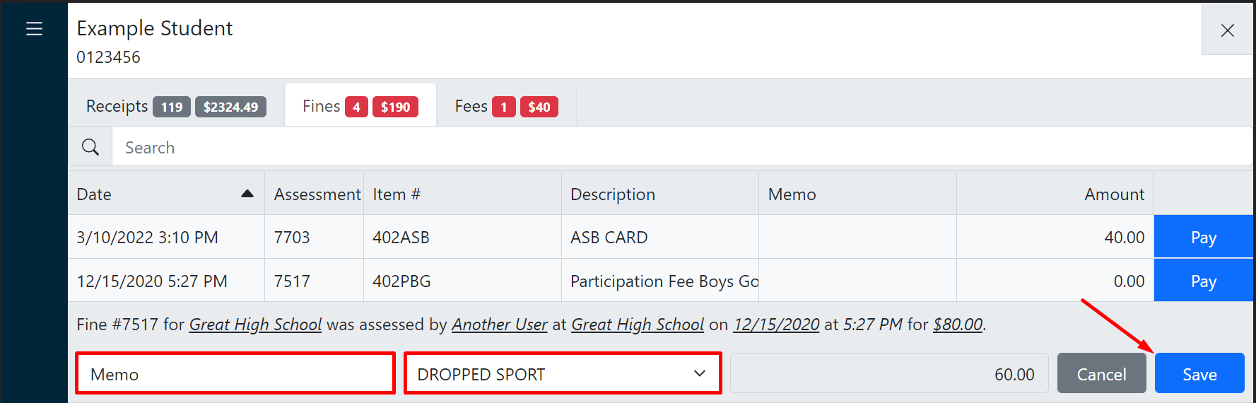 Reason code and memo