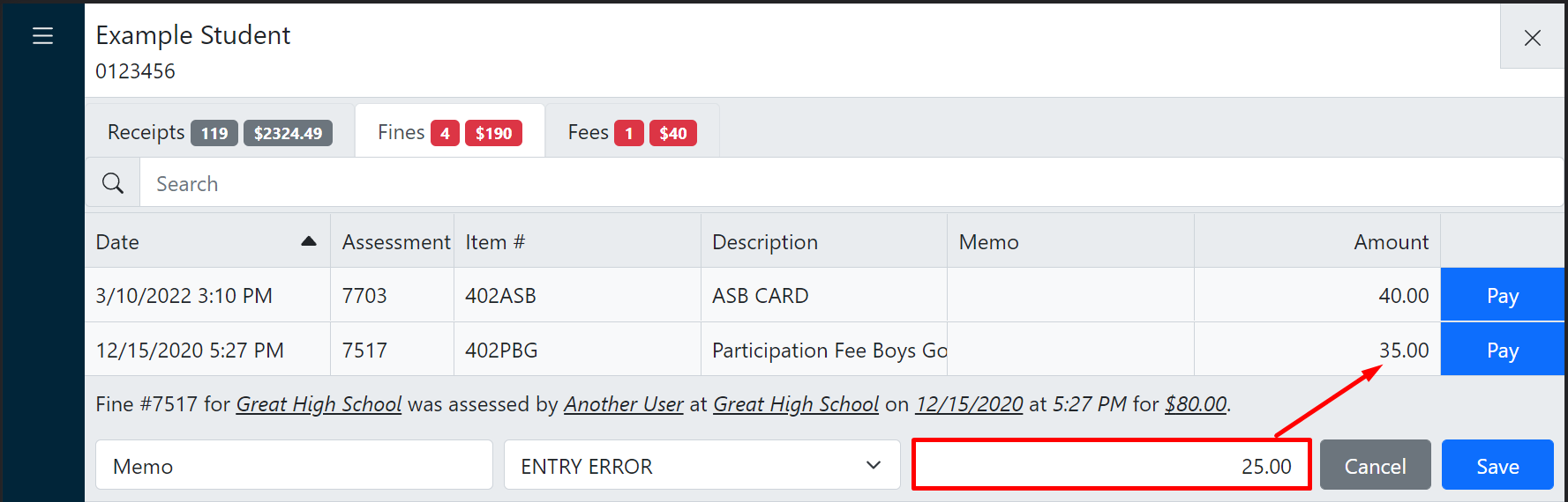 Updated fine/fee balance