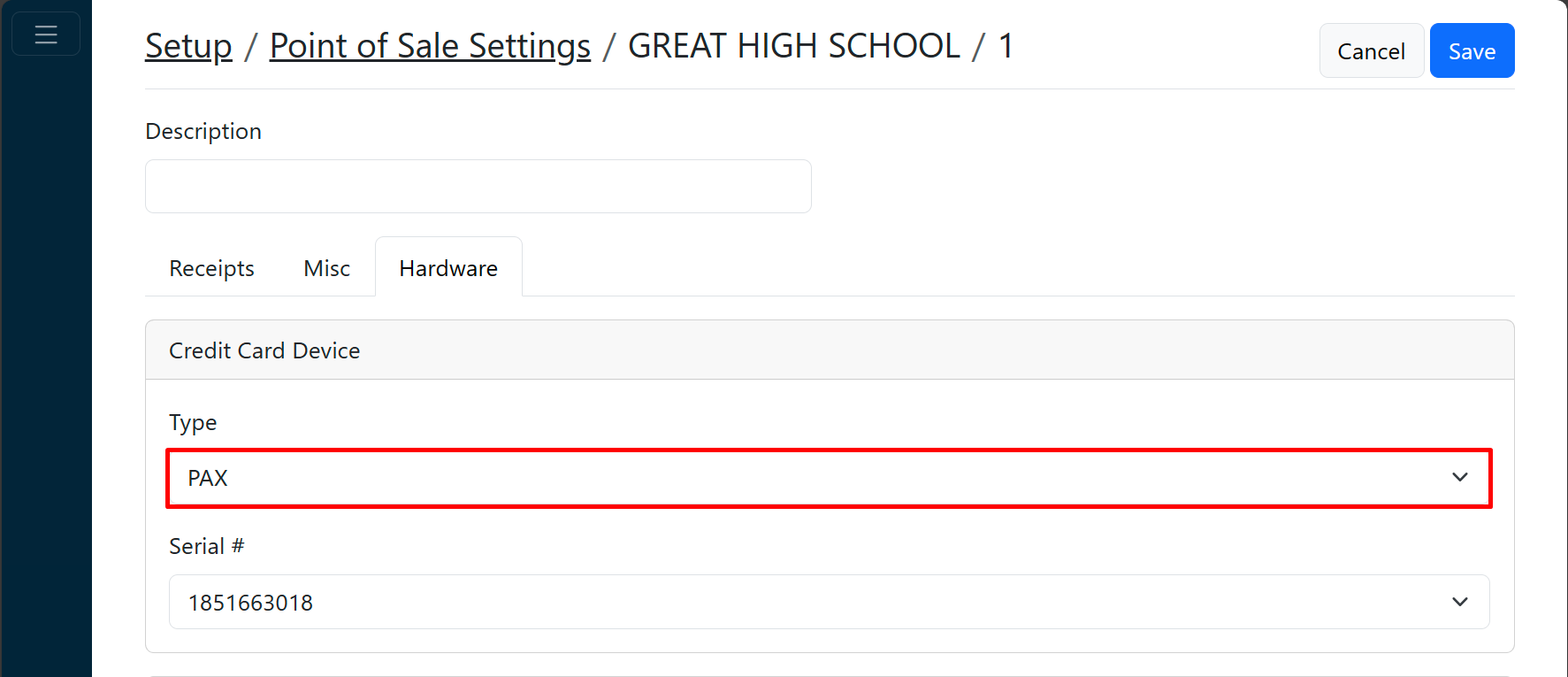 Device type dropdown screenshot