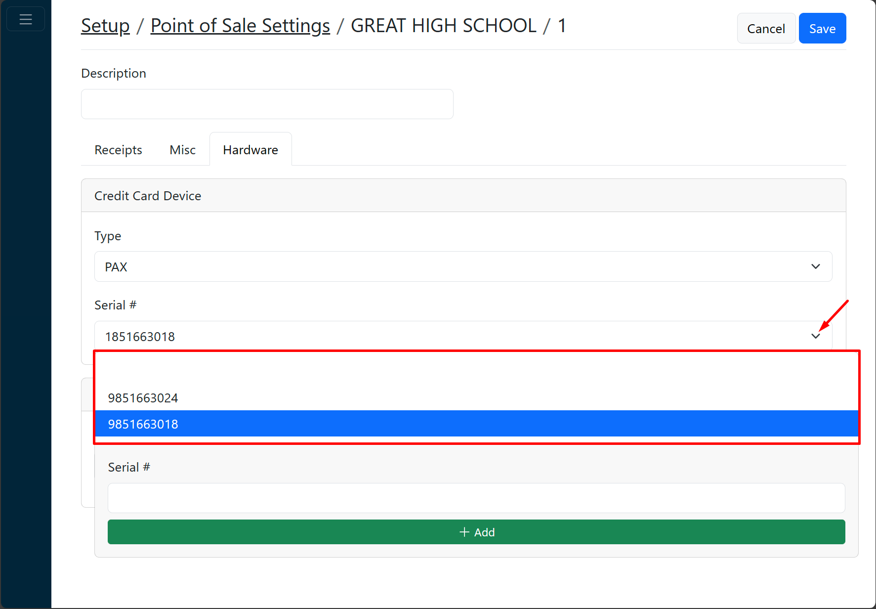 Serial number dropdown screenshot