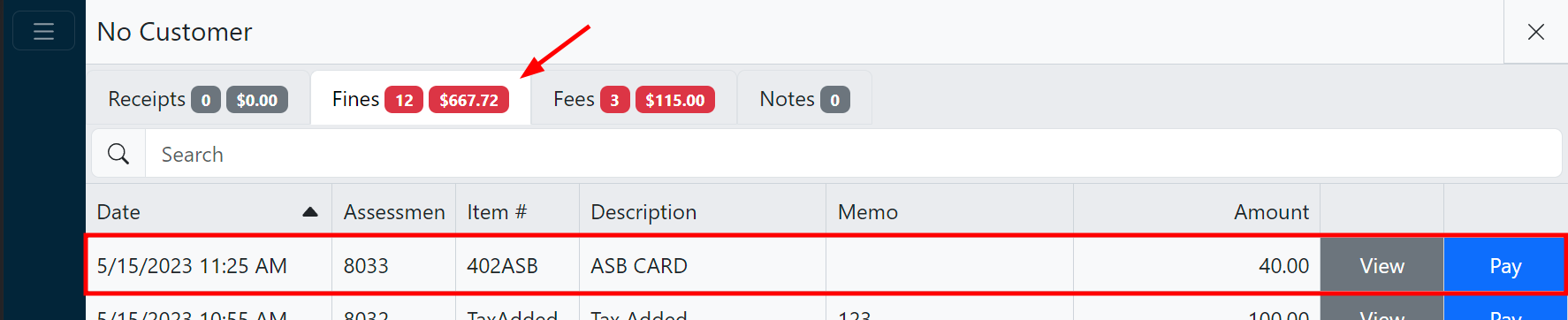 Customer account fine screenshot