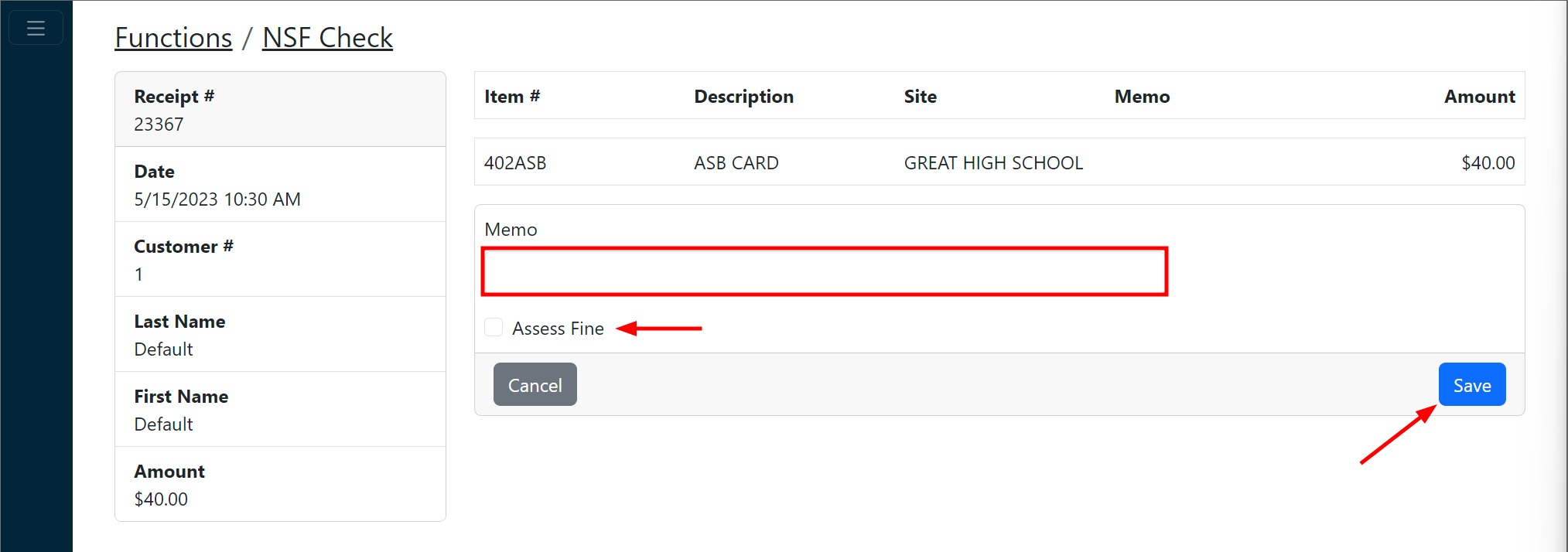 Memo and fine options screenshot