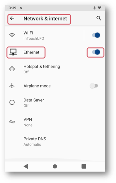 Steps to open Settings, enter the password, open Network & Internet, locate Ethernet, and toggle Ethernet on or off