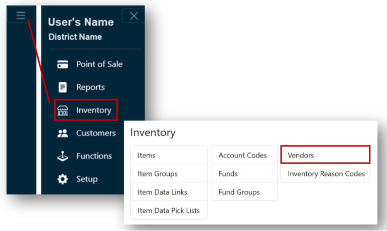 Main Menu and Inventory Vendors option