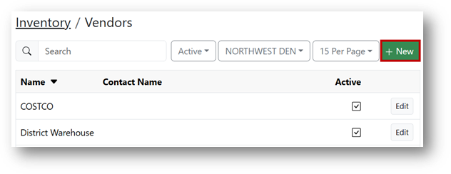Vendors screen with New button