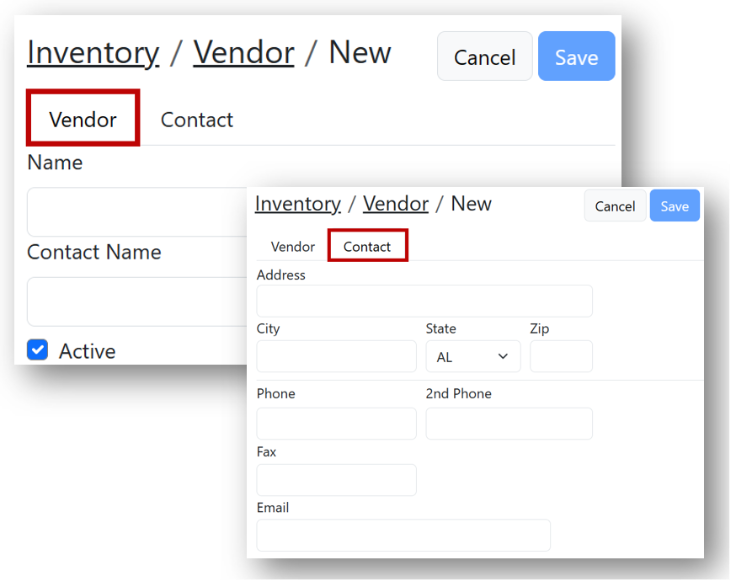 Vendor screen with Vendor and Contact tabs