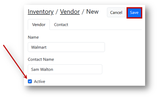 Vendor screen with Save button