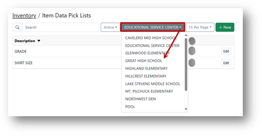 Selecting the site for the new pick list