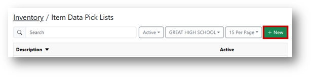 Selecting New on the Item Data Pick Lists screen
