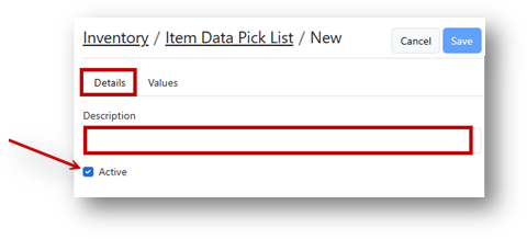 Details tab with Description and Active fields