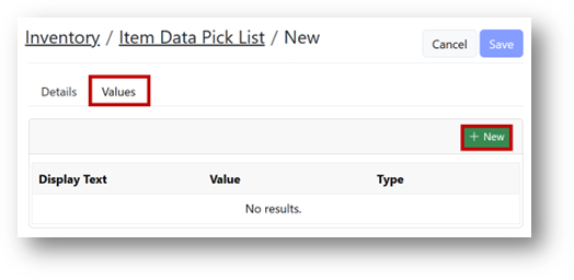 Values tab with Display Text, Value, Type, and arrows