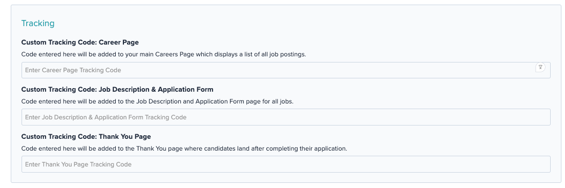 Tracking Section of Career Page Settings