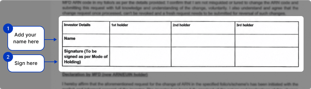 Transfer Form Investor Details section with sign-here callouts
