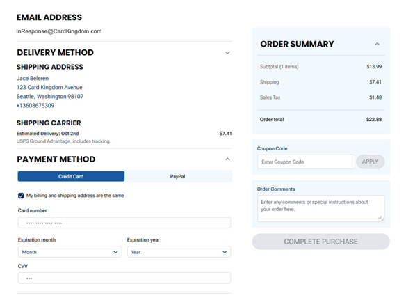 The image shows a user interface for an online shopping cart, displaying an email address, shipping address, order summary, payment methods, and an estimated delivery date. 
AI-generated content may be incorrect.