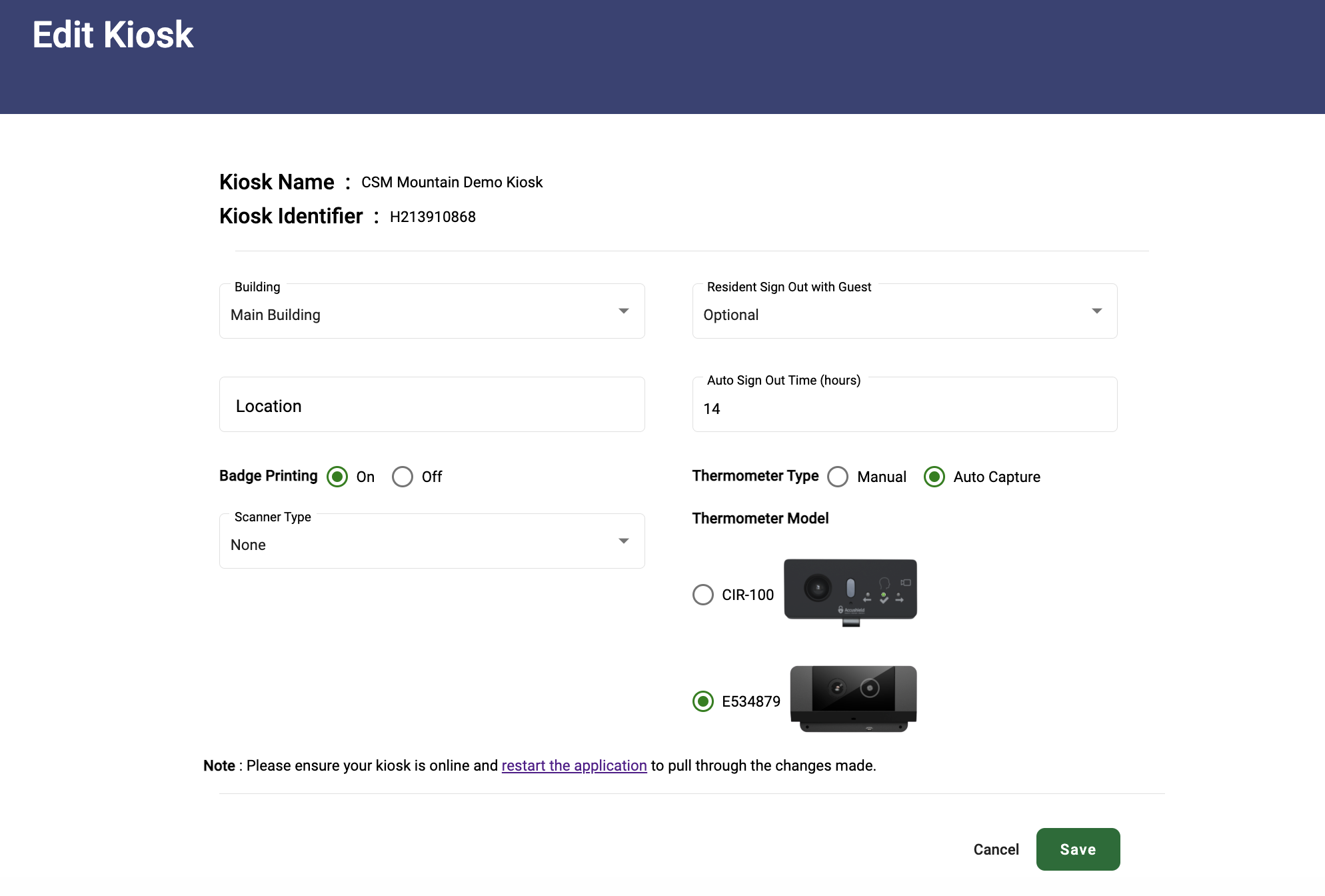 Dashboard Kiosk Settings Accushield