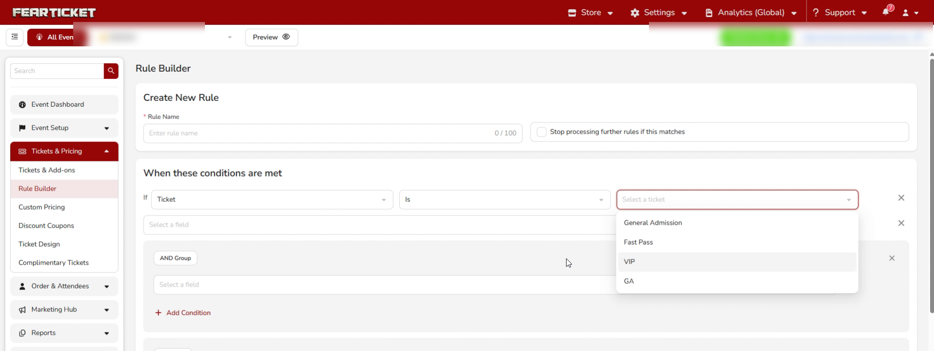 Ticket field with Is operator and ticket dropdown open