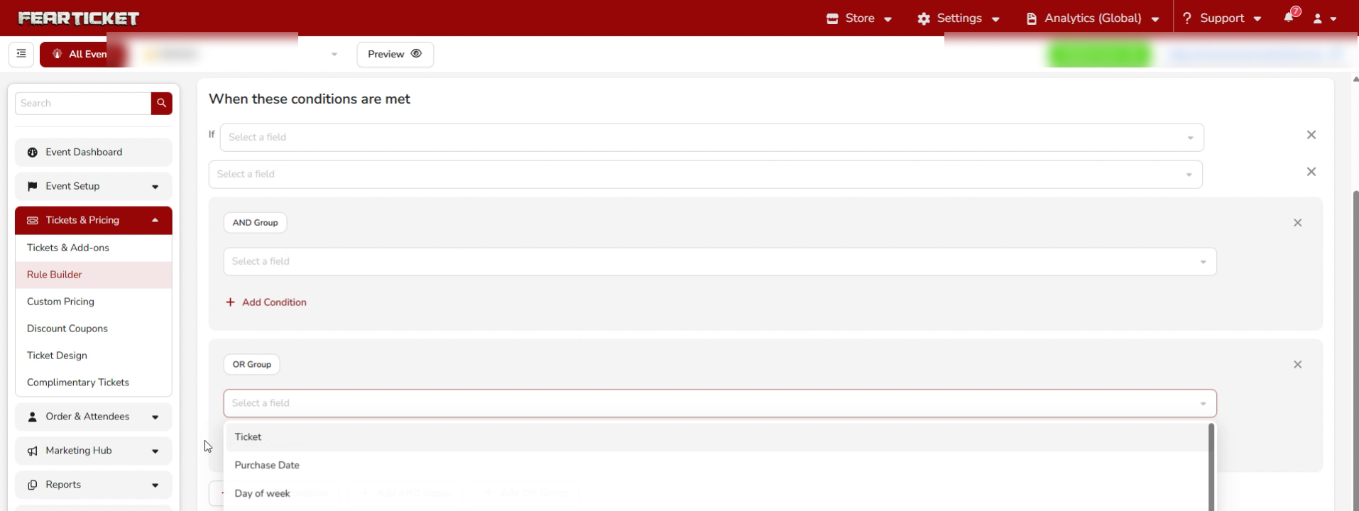 OR Group added with the field dropdown open