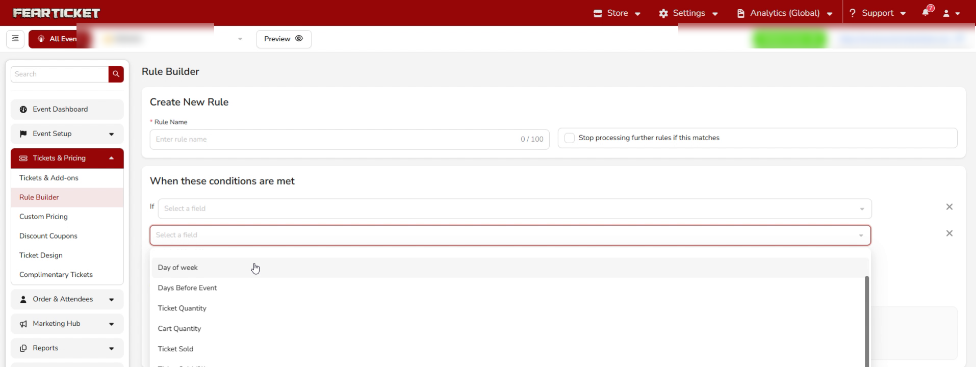 Field dropdown with all condition options