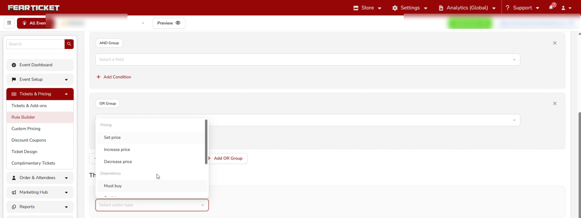 Action type dropdown showing Pricing and Dependency categories