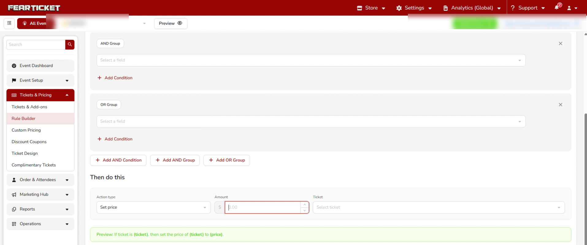 Set price action with Amount and Ticket fields filled in