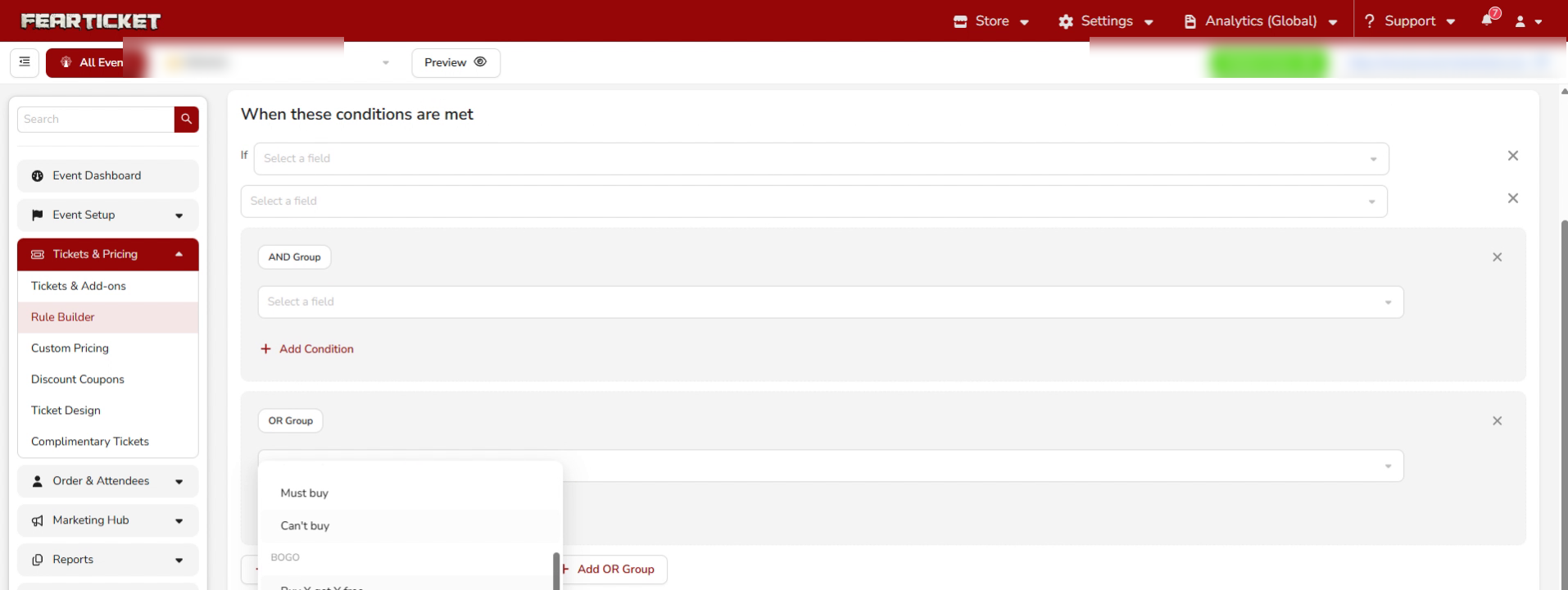 Action type dropdown scrolled to show Must buy, Can't buy, and BOGO