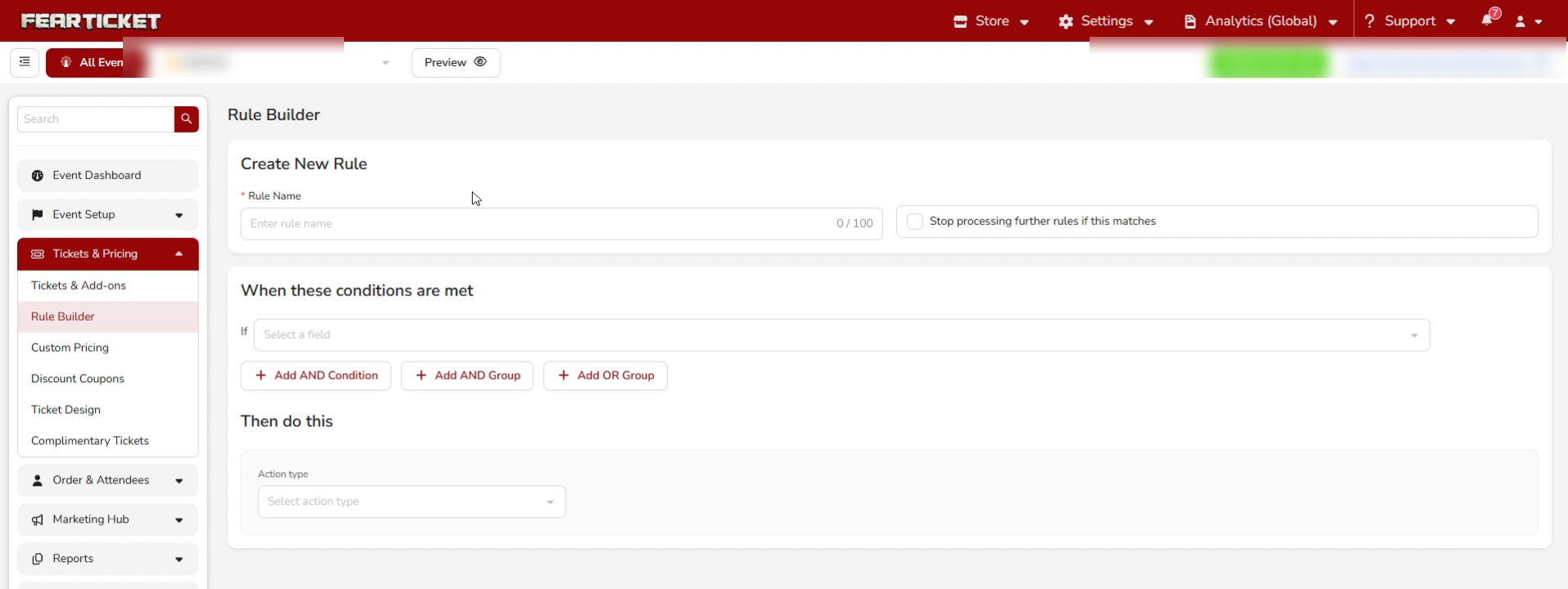 Create New Rule form, empty state