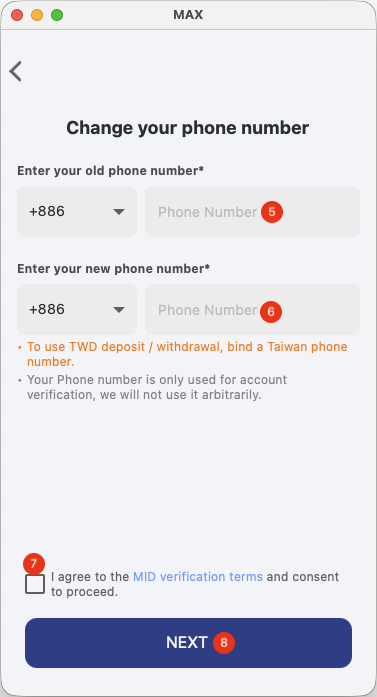Change phone number App step 4