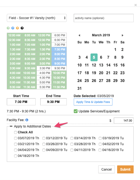 Editing Time, Location Or Equipment (And Applying To Multiple Dates