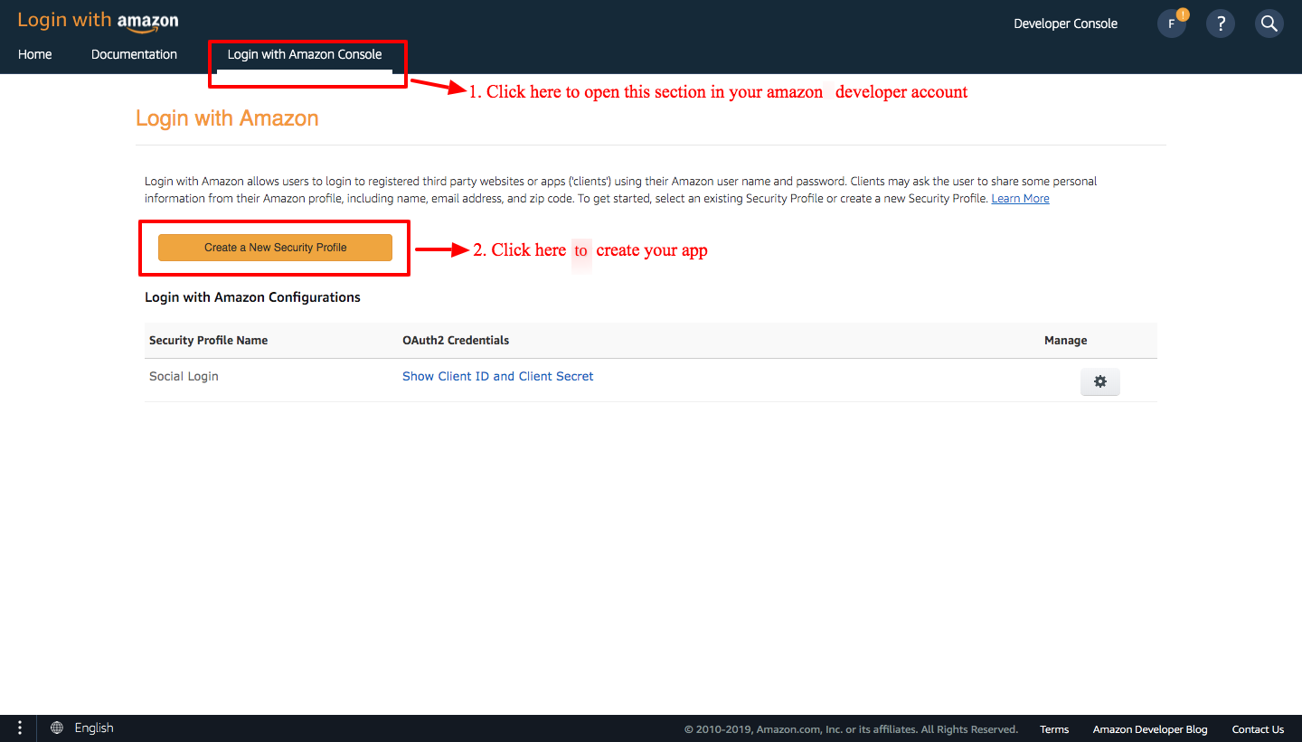 How to create custom application for Amazon Social Login? Flits